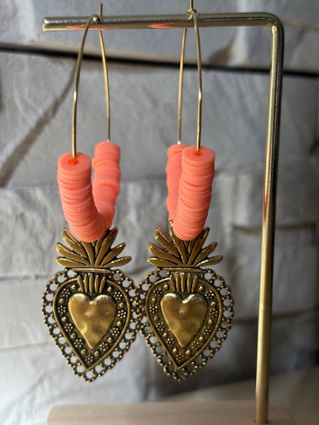 Boucles d'oreilles créoles ex voto, boucles d'oreilles religieuses, breloque médaille coeur sacré