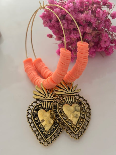Boucles d'oreilles créoles ex voto, boucles d'oreilles religieuses, breloque médaille coeur sacré