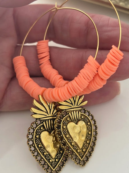 Boucles d'oreilles créoles ex voto, boucles d'oreilles religieuses, breloque médaille coeur sacré