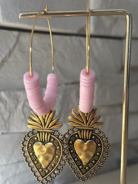 Boucles d'oreilles créoles ex voto, boucles d'oreilles religieuses, breloque médaille coeur sacré
