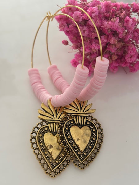 Boucles d'oreilles créoles ex voto, boucles d'oreilles religieuses, breloque médaille coeur sacré
