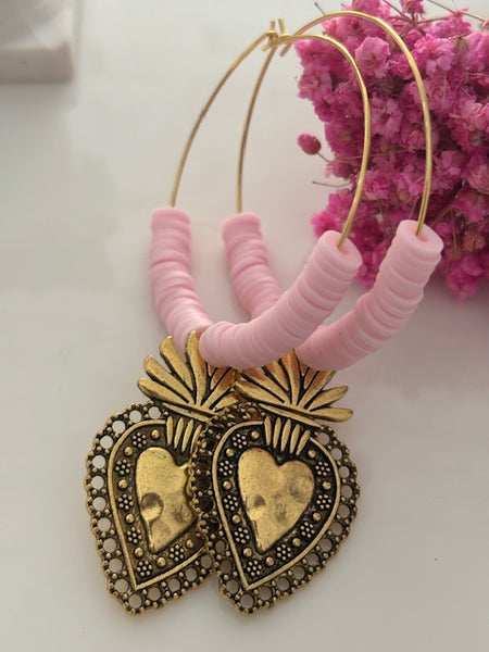 Boucles d'oreilles créoles ex voto, boucles d'oreilles religieuses, breloque médaille coeur sacré