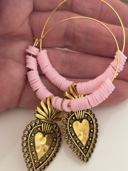 Boucles d'oreilles créoles ex voto, boucles d'oreilles religieuses, breloque médaille coeur sacré