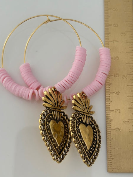 Boucles d'oreilles créoles ex voto, boucles d'oreilles religieuses, breloque médaille coeur sacré