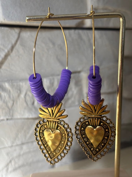 Boucles d'oreilles créoles ex voto, boucles d'oreilles religieuses, breloque médaille coeur sacré