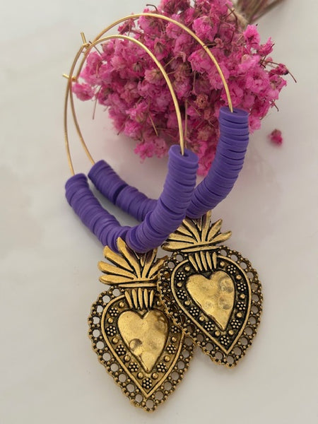 Boucles d'oreilles créoles ex voto, boucles d'oreilles religieuses, breloque médaille coeur sacré