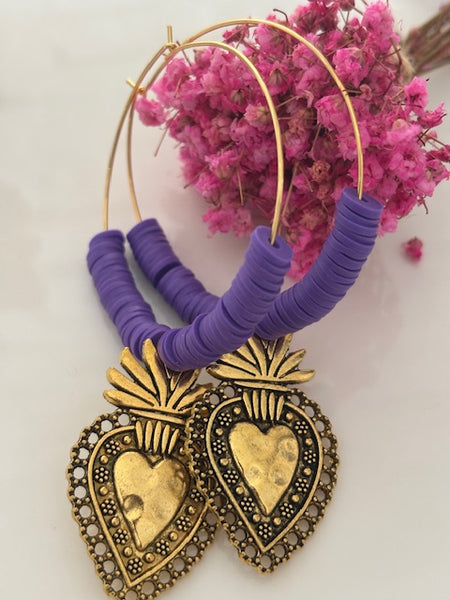 Boucles d'oreilles créoles ex voto, boucles d'oreilles religieuses, breloque médaille coeur sacré