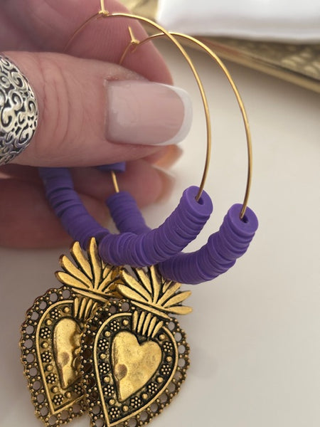 Boucles d'oreilles créoles ex voto, boucles d'oreilles religieuses, breloque médaille coeur sacré