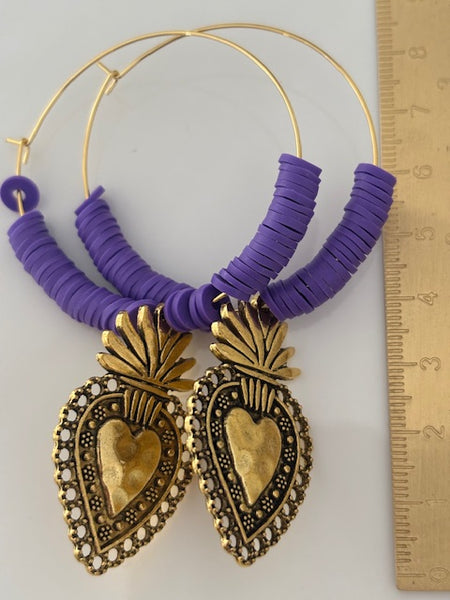 Boucles d'oreilles créoles ex voto, boucles d'oreilles religieuses, breloque médaille coeur sacré