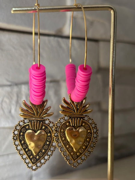 Boucles d'oreilles créoles ex voto, boucles d'oreilles religieuses, breloque médaille coeur sacré