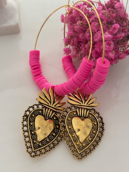 Boucles d'oreilles créoles ex voto, boucles d'oreilles religieuses, breloque médaille coeur sacré