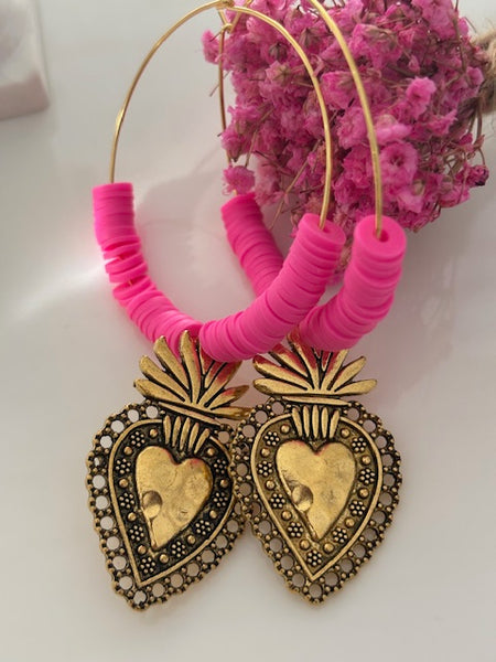 Boucles d'oreilles créoles ex voto, boucles d'oreilles religieuses, breloque médaille coeur sacré