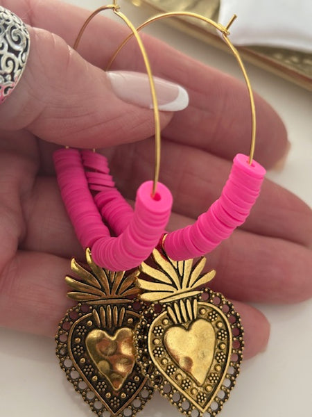 Boucles d'oreilles créoles ex voto, boucles d'oreilles religieuses, breloque médaille coeur sacré