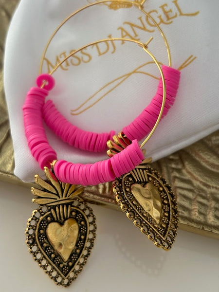 Boucles d'oreilles créoles ex voto, boucles d'oreilles religieuses, breloque médaille coeur sacré