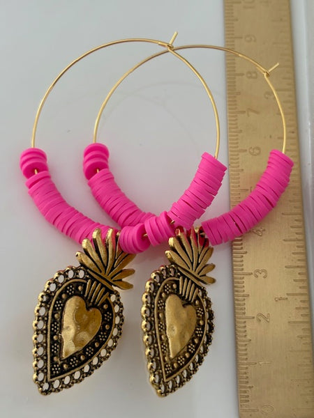 Boucles d'oreilles créoles ex voto, boucles d'oreilles religieuses, breloque médaille coeur sacré