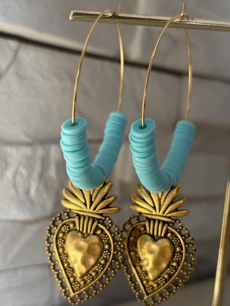 Boucles d'oreilles créoles ex voto, boucles d'oreilles religieuses, breloque médaille coeur sacré