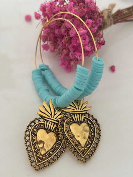 Boucles d'oreilles créoles ex voto, boucles d'oreilles religieuses, breloque médaille coeur sacré