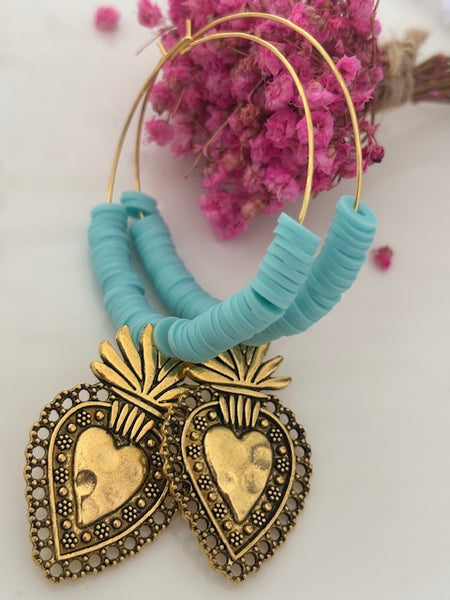 Boucles d'oreilles créoles ex voto, boucles d'oreilles religieuses, breloque médaille coeur sacré