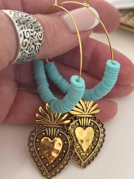 Boucles d'oreilles créoles ex voto, boucles d'oreilles religieuses, breloque médaille coeur sacré