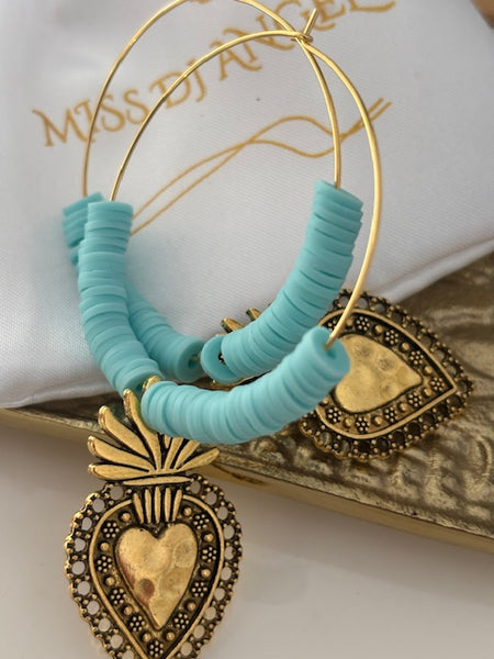 Boucles d'oreilles créoles ex voto, boucles d'oreilles religieuses, breloque médaille coeur sacré