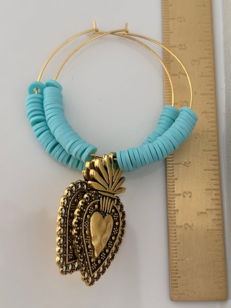 Boucles d'oreilles créoles ex voto, boucles d'oreilles religieuses, breloque médaille coeur sacré
