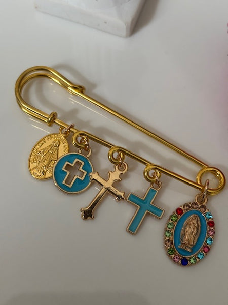 Broche ex voto, broche médaille religieuse, broche épingle porte bonheur, croix et vierge miraculeuse fait main, broche protection croix