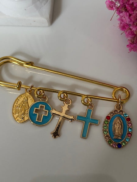 Broche ex voto, broche médaille religieuse, broche épingle porte bonheur, croix et vierge miraculeuse fait main, broche protection croix