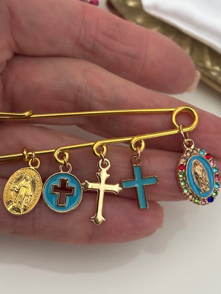 Broche ex voto, broche médaille religieuse, broche épingle porte bonheur, croix et vierge miraculeuse fait main, broche protection croix