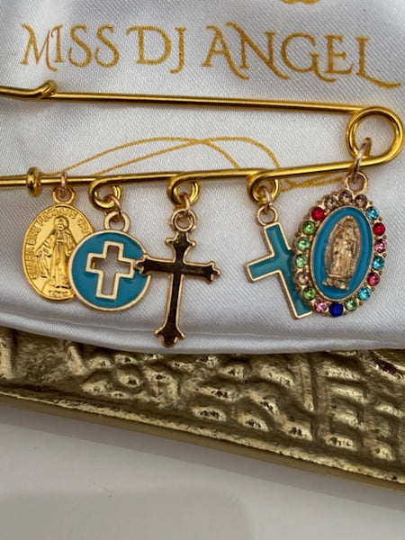 Broche ex voto, broche médaille religieuse, broche épingle porte bonheur, croix et vierge miraculeuse fait main, broche protection croix