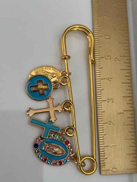 Broche ex voto, broche médaille religieuse, broche épingle porte bonheur, croix et vierge miraculeuse fait main, broche protection croix