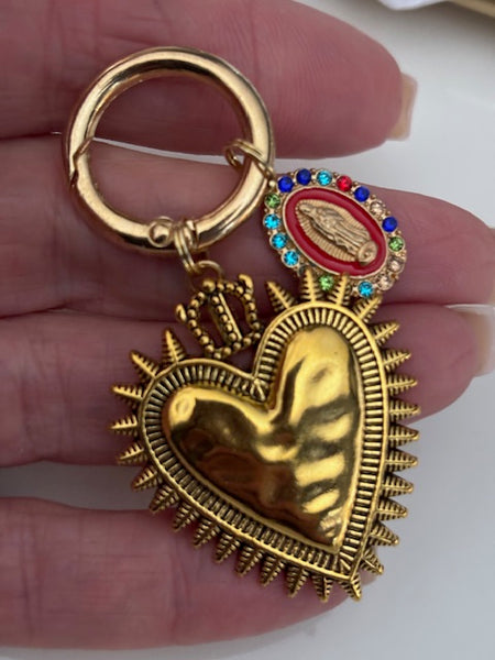 Charms ex voto coeur sacré, charms pour sac ex voto, cadeau pour femme charms coeur sacré, coeurs doré et rouge charms, cadeau rouge cérémonie