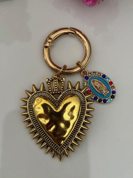 Charms ex voto coeur sacré, charms pour sac ex voto, cadeau pour femme charms coeur sacré, coeurs doré et bleu charms, cadeau bleu cérémonie