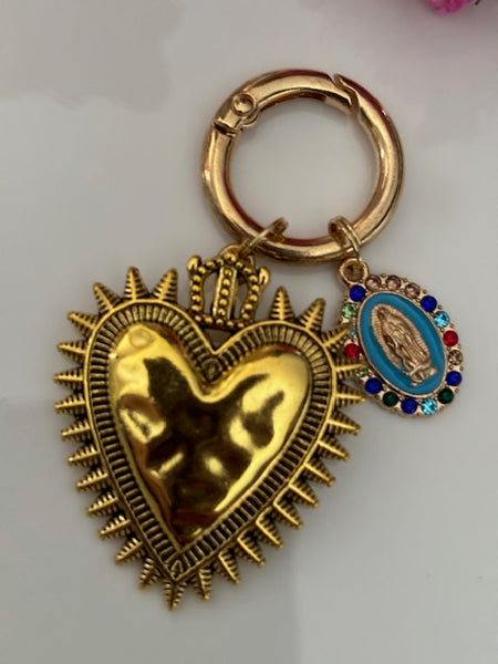 Charms ex voto coeur sacré, charms pour sac ex voto, cadeau pour femme charms coeur sacré, coeurs doré et bleu charms, cadeau bleu cérémonie