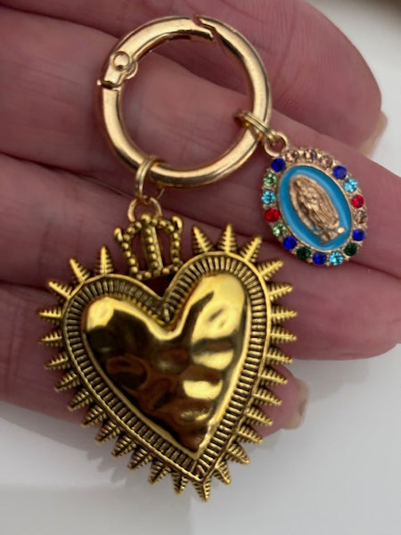 Charms ex voto coeur sacré, charms pour sac ex voto, cadeau pour femme charms coeur sacré, coeurs doré et bleu charms, cadeau bleu cérémonie
