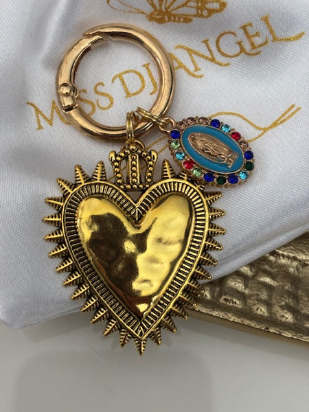 Charms ex voto coeur sacré, charms pour sac ex voto, cadeau pour femme charms coeur sacré, coeurs doré et bleu charms, cadeau bleu cérémonie