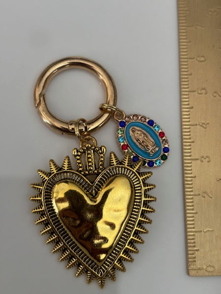 Charms ex voto coeur sacré, charms pour sac ex voto, cadeau pour femme charms coeur sacré, coeurs doré et bleu charms, cadeau bleu cérémonie
