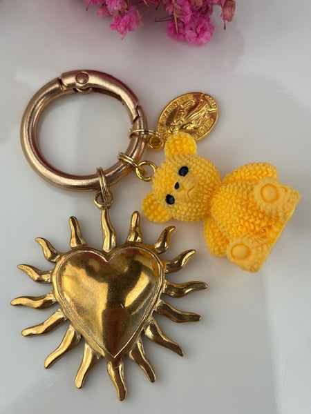 Charms ex voto coeur sacré, charms pour sac ex voto, cadeau pour femme médaille religieuse et coeur sacré, coeur ourson charms.