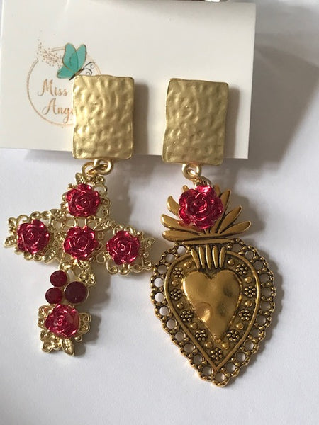 Boucles d'oreilles ex voto, boucles d'oreille coeur sacré, breloque croix et coeur sacré, pendentif ex voto, cadeau religieux cérémonie