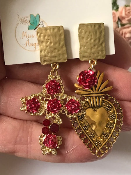 Boucles d'oreilles ex voto, boucles d'oreille coeur sacré, breloque croix et coeur sacré, pendentif ex voto, cadeau religieux cérémonie