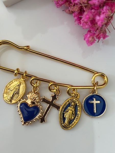 Broche ex voto, broche médaille religieuse, broche épingle porte bonheur, croix et vierge miraculeuse fait main avec amour.