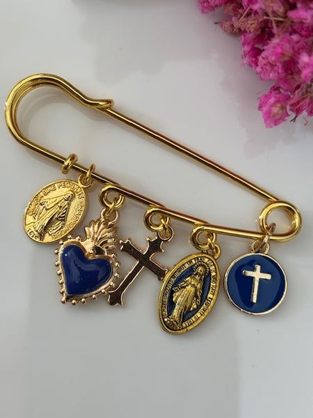 Broche ex voto, broche médaille religieuse, broche épingle porte bonheur, croix et vierge miraculeuse fait main avec amour.