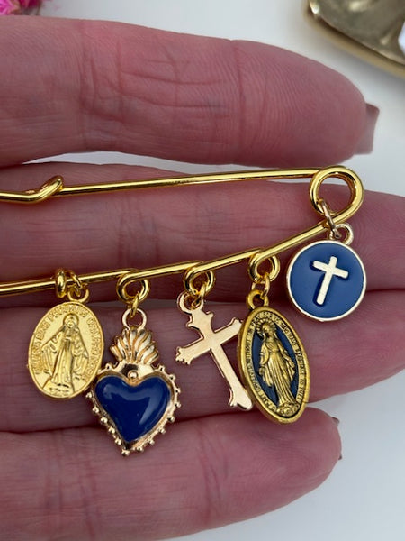 Broche ex voto, broche médaille religieuse, broche épingle porte bonheur, croix et vierge miraculeuse fait main avec amour.