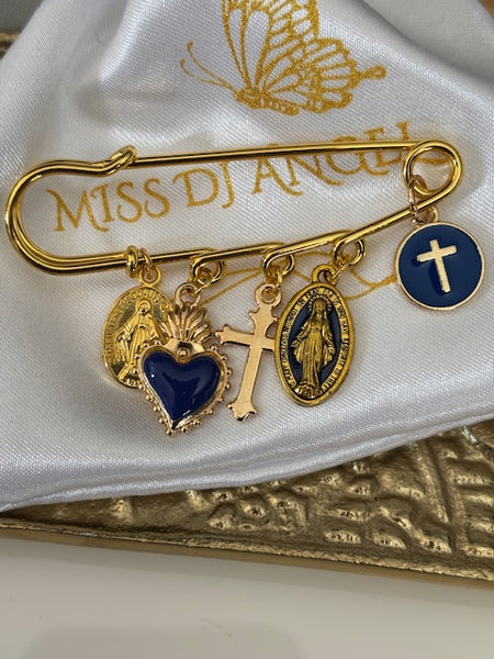 Broche ex voto, broche médaille religieuse, broche épingle porte bonheur, croix et vierge miraculeuse fait main avec amour.