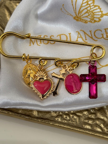 Broche ex voto, broche croix médaille religieuse, cadeau pour maman croix, cadeau pour femme croix, breloque croix fuchsia