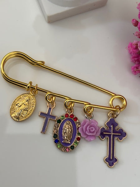 Broche ex voto, broche croix médaille religieuse, cadeau pour maman croix, cadeau pour femme croix, breloque croix violet