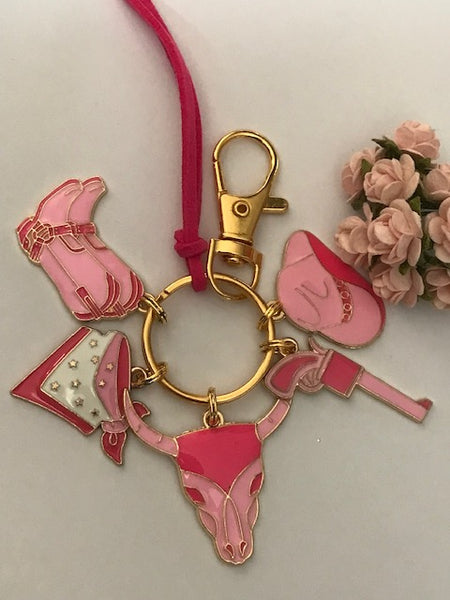 Porte-clés rodéo country, porte-clés fille country, breloque tête boeuf, pendentif bottes et foulard western, cadeau danseuse de country