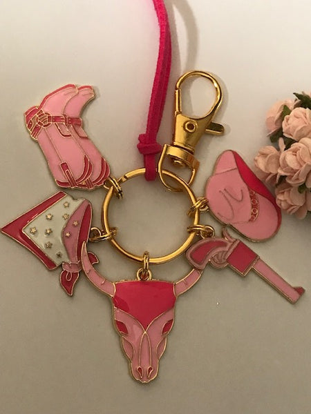 Porte-clés rodéo country, porte-clés fille country, breloque tête boeuf, pendentif bottes et foulard western, cadeau danseuse de country