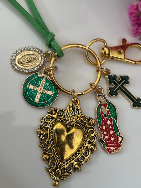 Porte-clés vierge Marie coeur sacré et croix, cadeau pour maman vierge, breloque vierge médaille miraculeuse, porte clé croix ex voto