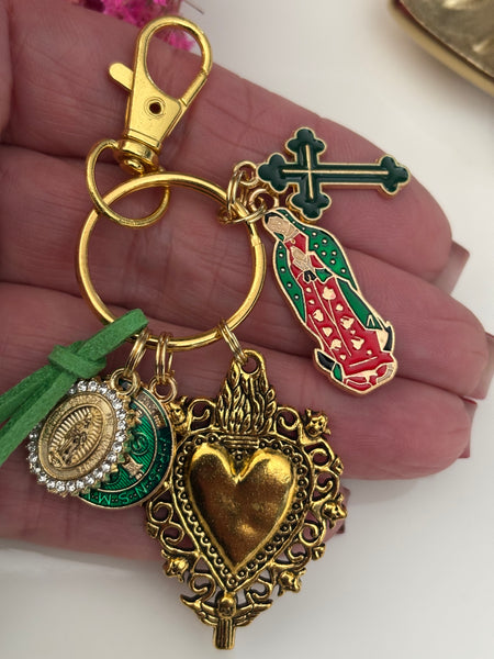 Porte-clés vierge Marie coeur sacré et croix, cadeau pour maman vierge, breloque vierge médaille miraculeuse, porte clé croix ex voto