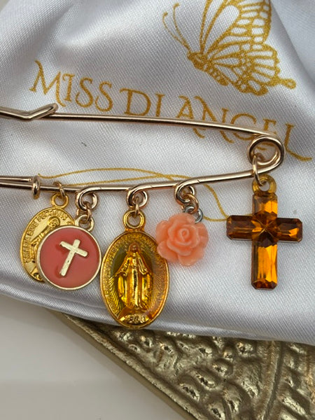 Broche ex voto, broche médaille religieuse, broche épingle porte bonheur, croix et vierge miraculeuse fait main,